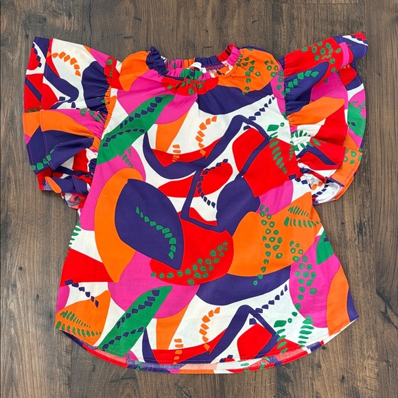 Ces Femme Tops - NWOT Ces Femme Boutique Colorful Abstract Blouse Structure Sleeve M
